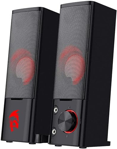 Redragon GS550 PC Gaming Speakers 2.0 Channel Stereo Enhanced Sound, Black | Compact Maneuverable Size, Headphone Jack, Decent Red Backlight, Plug & Play USB Powered Desktop Computer Speaker