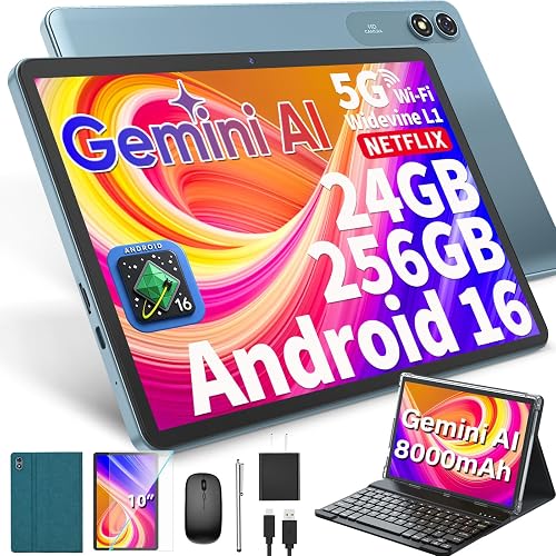 10 inch Tablet with Keyboard - Android 16 Tablet with 24GB+256GB+2TB Expand | 2026 Gemini AI Tablet PC with 8-Core, 5G WiFi, 8000mAh, GMS, GPS, 2-in-1 Electronic Tablet with Case, Mouse, Stylus (Green)