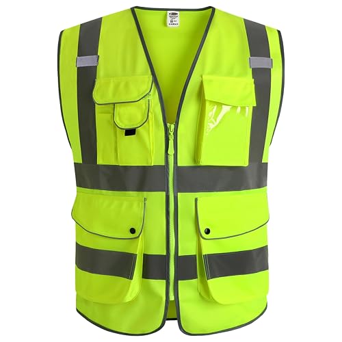 JKSafety Safety Vest for Men Women Reflective Hi Vis JK150 Yellow L | ANSI Class 2, 9 Pockets, 4 Reflective Strips High Visibility Lightweight Constructions & Outdoor Activities