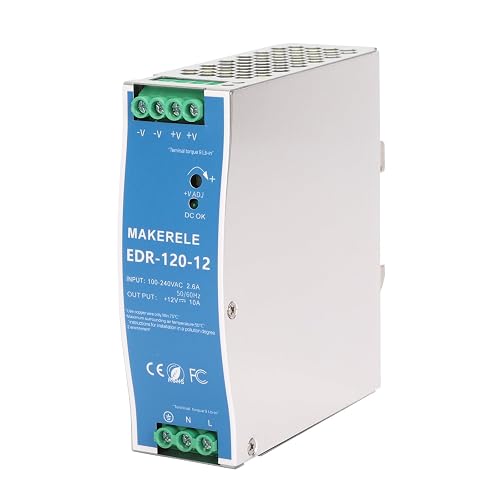 MAKERELE 120W 12V AC to DC DIN Rail Power Supply | 10 Amp EDR Industrial Rail Power Supplies (120W 12V 10A)