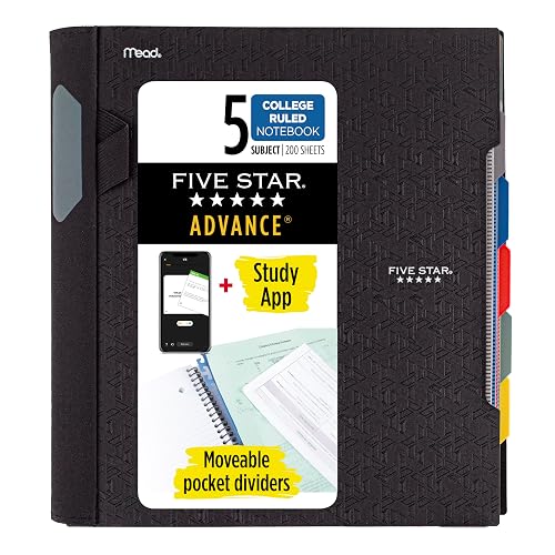 Five Star Advance Spiral Notebook + Study App, 5 Subject, College Ruled Paper, 8-1/2" x 11", 200 Sheets, Spiral Guard, Movable Tabbed Dividers, Black (73144)