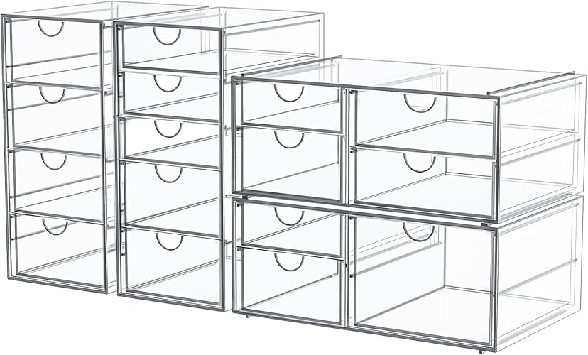 caktraie 4-Pack Acrylic 16-Drawer Storage & Makeup Organizer for Desk | Smooth-glide drawers, clear acrylic, stackable, dustproof, wipe clean, for office supplies, pens, jewelry, makeup
