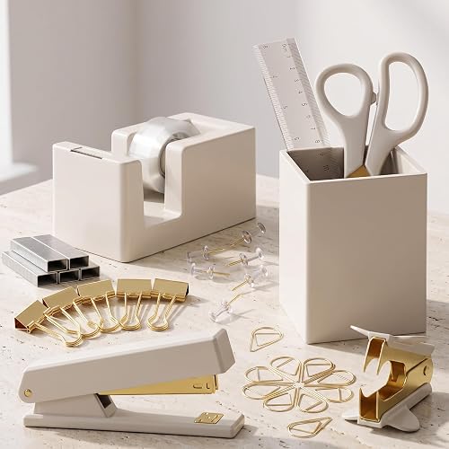 Aesthetic Desk Accessories Set - A Complete Desktop Organizer Set For Women Enhances Any Office Decor - An Office Supplies Kit w Gold Finish incl. Pen Holder, Scissors, Stapler, Tape Dispenser & More
