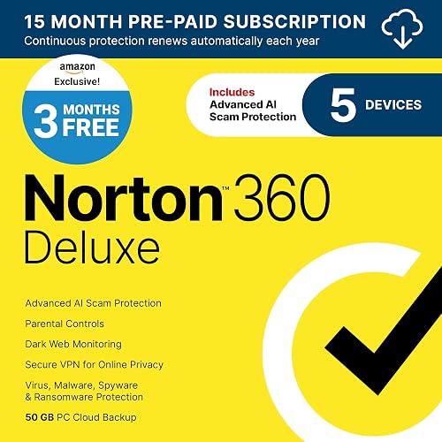 Norton 360 Deluxe, Antivirus software for 5 Devices with Auto-Renewal – 3 MONTHS FREE - Includes Advanced AI Scam Protection, VPN, Dark Web Monitoring & PC Cloud Backup [Download]