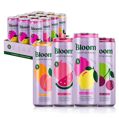 Bloom Nutrition Sparkling Energy Drink, Variety, 180mg Caffeine 12oz 12 Pack