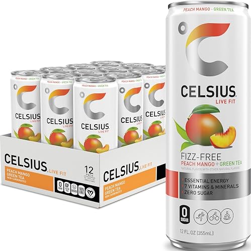 CELSIUS Fizz Free Peach Mango Green Tea, Sugar Free Energy Drink, 12 Fl Oz (Pack of 12)
