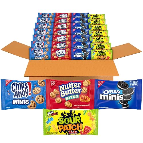 OREO Mini Cookies, CHIPS AHOY! Mini Cookies, SOUR PATCH KIDS Candy & Nutter Butter Bites & Candy Variety Pack, 32 Snack Packs | OREO & CHIPS AHOY! Minis Cookies, SOUR PATCH KIDS Candy & NUTTER BUTTER Bites, Individually Wrapped