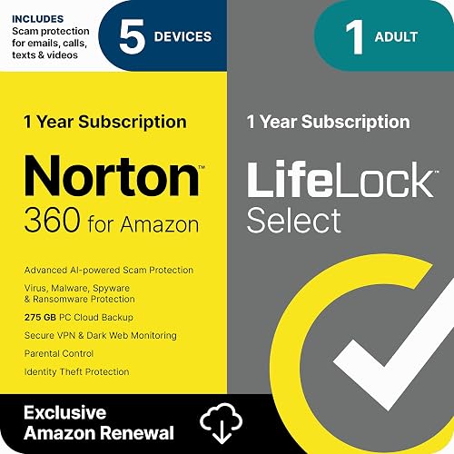 Norton 360 with LifeLock Select Bundle, 1 Year Subscription - 5 Devices - All-in-One Protection for your Devices, Online Privacy, and Identity, Activation Required [Subscription]