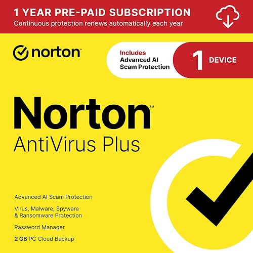 Norton AntiVirus Plus, 1 Device, Auto-Renews [Download] | Includes AI Scam Protection, Advanced VPN, Dark Web Monitoring, & PC Cloud Backup