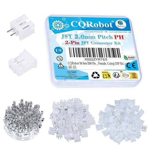 CQRobot JST PH 2.0 mm Pitch 2-Pin Electronic Computer Connector IC Male Plugs, Female Sockets Housing and T-Shaped Crimp Terminal Kit. 50 Sets/200 Pieces Wire-to-Board Adapter Cable Assembly. | Male Header Female Receptacle Housing Crimp Contact Terminal PCB Wire-to-Board Adapter Cable Assembly 50 Sets/200 Pieces
