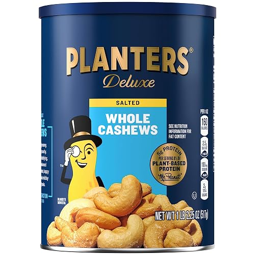PLANTERS Deluxe Salted Whole Cashews, Plant Based Protein, 18.25 Oz (1 Ct) | Roasted Cashews. Snacks for Adults. Resealable Canister. Plant Based Protein Snack. Pantry Staples