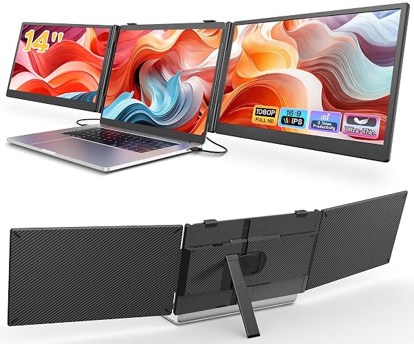 Laptop Screen Extender, 14'' FHD 1080P Ultra-Slim Triple Portable Monitor for Laptops, Two Cable USB-C Travel Monitor Extender Plug & Play for 13"-17" Laptop, Compatible with Wins/Mac/Android/Chrome