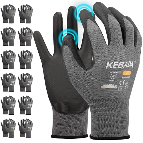 Kebada W1 Work Gloves for Men and Women, PU Coated Safety Gloves with Grip, Touchscreen, Ideal for Warehouse Package Handling, Construction, Gardening, 12 Pairs Gray Large | 12 Pairs, Gray, Breathable Seamless Knit, Lightweight, Secure Grip. Ideal for Warehouse, Construction, Gardening & Mechanics