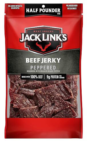 Jack Link's Peppered Beef Jerky Half Pounder - 8 oz Large Jerky Bag - Ready to Eat Real Meat Protein Snacks - 9g Protein per Serving - Made with 100% Real Beef | Large Jerky Bag - Ready to Eat Real Meat Protein Snacks - 9g Protein per Serving - Made with 100% Real Beef