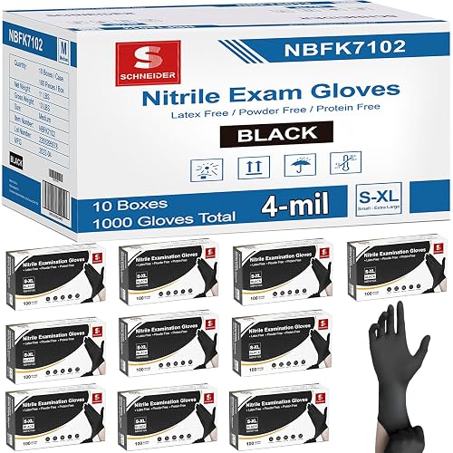 Schneider Nitrile Gloves, Gloves Disposable Latex Free, Powder Free | Black / Blue, 4-Mil, Medical Exam Glove, Food Safe Gloves, Cooking Gloves, Cleaning Gloves