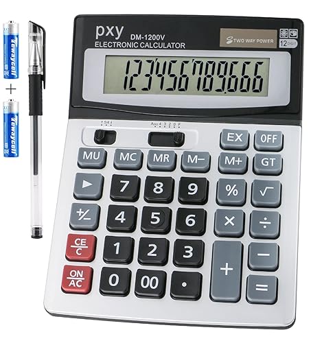 Desk Calculator 12 Digit Extra Large LCD Display, Touch Comfortable with Big Buttons, PXY Two Way Power Battery and Solar Standard Function Office Calculators