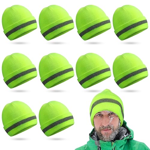 Tarpop Safety Beanie Bulk Safety Reflective Beanie Knit Hat High Visibility Hat Winter Unisex Cap for Running Biking Guard(10 Pcs,Yellow)