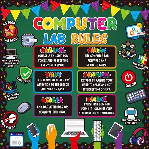 Colarr Computer Lab Rules Bulletin Board Decorations Set Computer Science | Classroom Decor Posters Inspirational Technology Digital Keyboard Shortcuts Wall Paper Cutouts Arts for Chalkboard Teacher