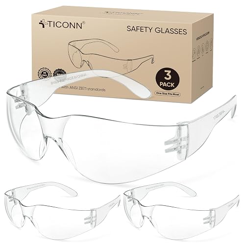 TICONN Clear Safety Glasses for Men & Women, ANSI Z87.1 Safety Goggles | UV400 Protection, Scratch-Resistant Lenses, Impact Resistance, Lightweight Comfort Fit, Perfect for Construction, Cycling