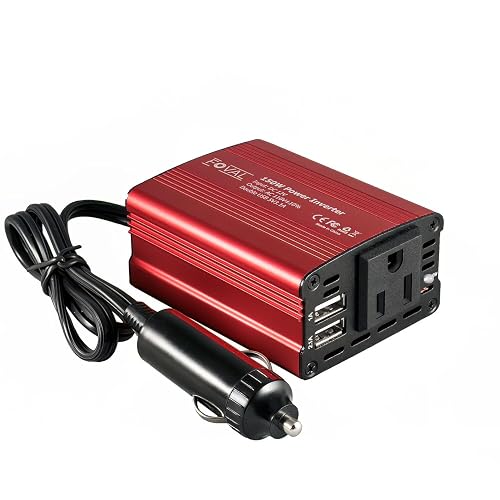 FOVAL 150W Car Power Inverter 12V DC to 110V AC Converter Vehicle Adapter Plug Outlet with 3.1A Dual USB Car Charger for Laptop Computer (Classic Red)