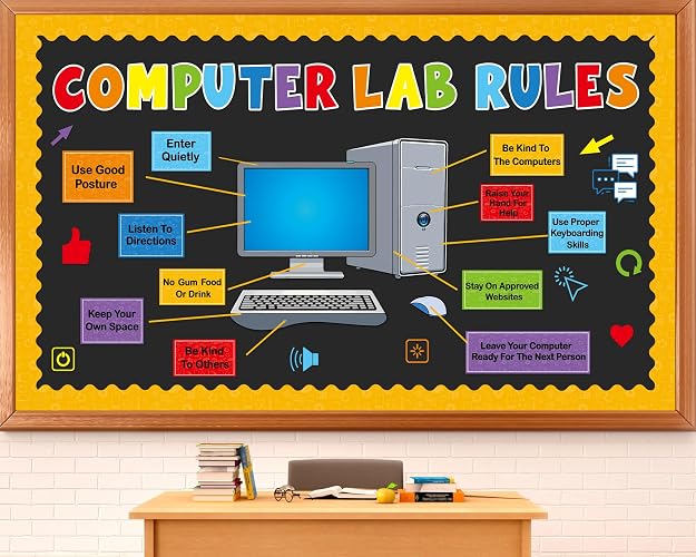 Computer Lab Rules Bulletin Board Decoration Set Science Classroom Decoration Computer Motivational Paper Cutouts for Back to School Home Wall Door Party Supplies