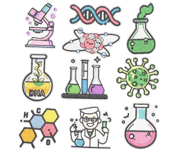 HEYTRCO 10PCS Science Iron on Patches Set, Beaker Microscope DNA Molecule Atom Embroidered Appliques for Clothes, Jackets, Bags, Backpacks