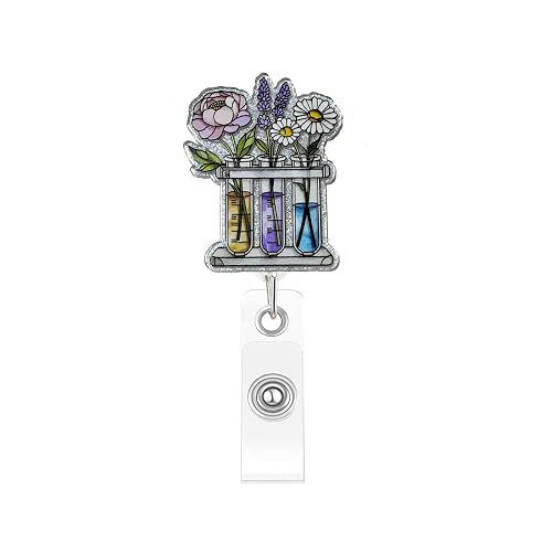 Floral Test Tube Badge Reel – Cute Science Retractable ID Holder for Teacher, Nurse, Doctor, Medical Assistant, Student – Flower Design Badge Clip Accessories for Work