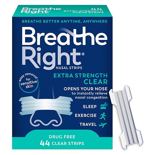 Breathe Right Nasal Strips, Relieves Nasal Congestion, Extra Strength Clear | Opens nose and increases nasal airflow, helps reduce snoring caused by nasal congestion, easy removal, 44 count