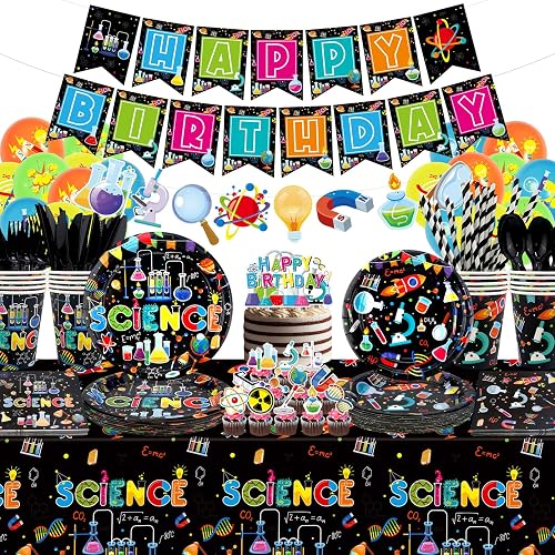 Science Party Supplies, Includes Happy Birthday Banners, Plates, Tablecloth, Cups, Balloon and Straws, for Boy Girl Scientist Lab Decoration Serves 20 Guests