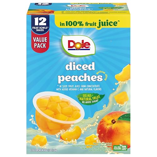 Dole Diced Peaches, 4 oz Fruit Bowls, 12 Pack | In 100% Juice, Fruit Bowls Snacks
