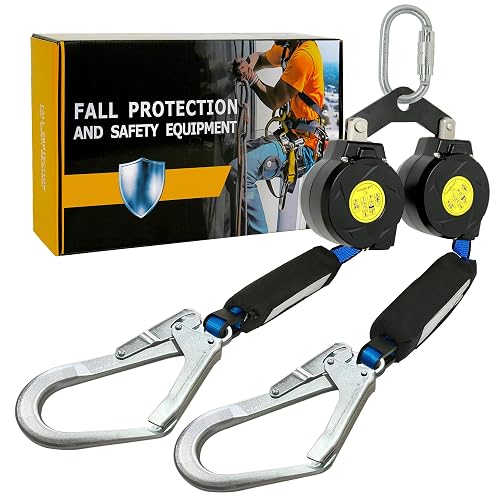 6FT Twin Leg Self Retracting Lifeline Fall Protection Retractable Lanyard | Lightweight Webbing, Dual Steel Hooks for Roofing and Construction