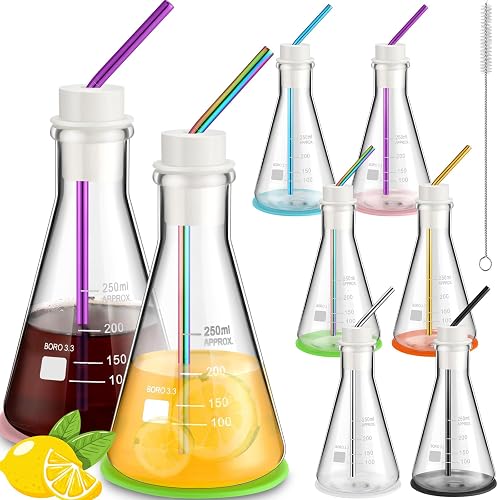 Copkim 25 Pcs Chemistry Flask Glasses, 6 Set 8.5 Oz,Lab Flask | Science Beaker Mugs with Graduated Marks, Clear Tumblers with Colorful Straws, Lab Gift for Teachers and Chemistry Lovers