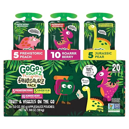 GoGo squeeZ No Sugar Added Jurassic Fruit & veggieZ Applesauce, 20 Count | Kids On The Go Fruit & Veggie Snack with Pear, Berry & Peach; 3.2 Oz Pouches, Gluten and Nut Free, Recloseable Cap, BPA-Free