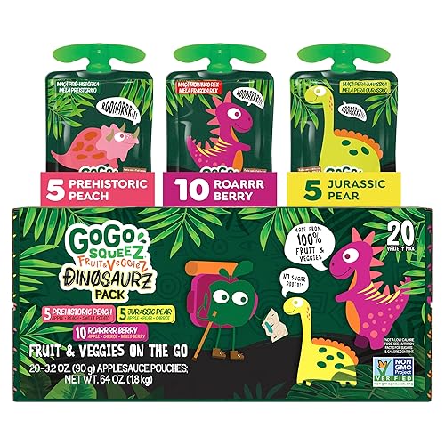 GoGo squeeZ No Sugar Added Jurassic Fruit & veggieZ Applesauce, 20 Count | Kids On The Go Fruit & Veggie Snack with Pear, Berry & Peach; 3.2 Oz Pouches, Gluten and Nut Free, Recloseable Cap, BPA-Free