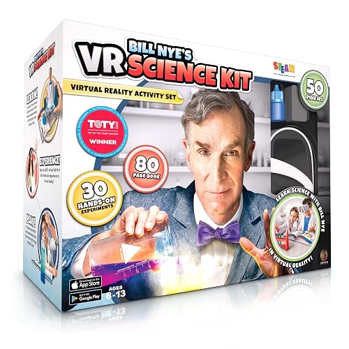 Abacus Brands Bill Nye's VR Science Kit - Kids STEM Set, Gift Ages 8-12 | 30 Hands-on Experiments, 50-Piece Activity Lab, 80-pg Interactive Book, Virtual Reality Goggles Incl., Chemistry & Physics
