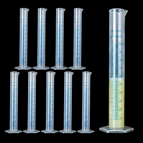 10Pack 100ml Plastic Graduated Cylinder, Transparent Measuring Cylinder Lab Test Tube Flask, 2 Sided Measuring Lines Graduated Cylinder Beaker for Science Lab Project, Pour Spout & Hexagonal Base