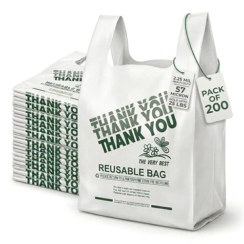 2.25 Mil Reusable Plastic Grocery Bags | PACK OF 200 12" x 7" x 22" | Thick 55 Micron Heavy Duty LDPE Thank You Shopping Bags with Handles for Retail, Takeout, Restaurants | Holds 25 LBs