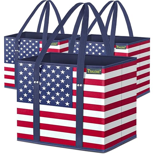 BALEINE 3Pk Reusable Grocery Bags, Foldable Shopping Bags for Groceries with Reinforced Bottom & Handles (Patriot Celebration)