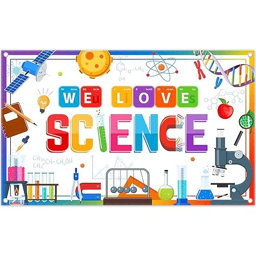 YCUCUEI 72x43inch We Love Science Chemistry Lab Photography Backdrop | Scientist Experiments Equipment White Background, Birthday Party Decorations, Photo Banner Props, Fabric