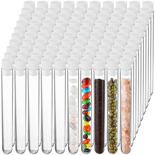 Wlilupah 100 Pake 8 ml Clear Test Tubes with Caps 12x100mm Plastic Vials Test Tubes for Scientific Experiments Halloween Christmas Scientific Themed Birthday Party Supplies Candy Storage (White)