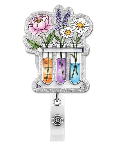 Science Lab Badge Reel Retractable, Science Teacher Gifts, Floral Test Tube Badge Reel Holder with Alligator Clip for Nursing Student, Coworker Gifts