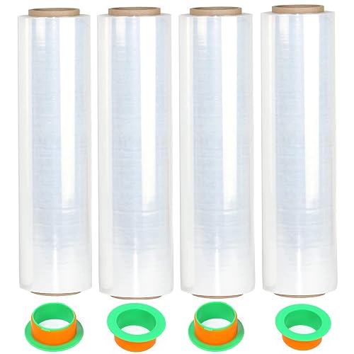 4-Pack Clear Stretch Wrap 18" x 1000 Feet 80 Gauge Industrial Strength with Plastic Handle, Plastic Pallet Supplies Durable Self-Adhering for Packing, Moving, Heavy Duty Shrink Film Rolls