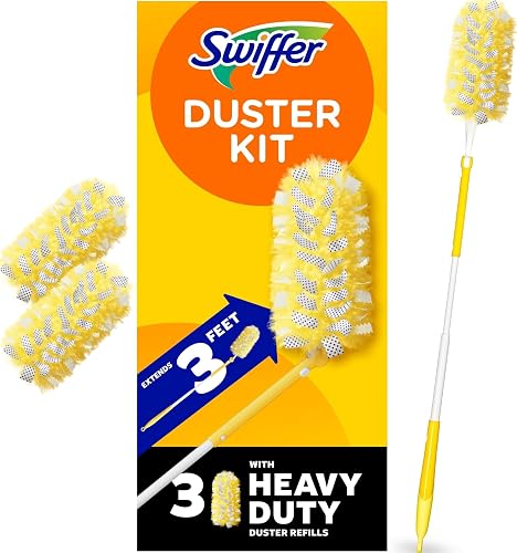 Swiffer Duster Kit with 3 ft Extendable Handle | Includes 1 Duster Extendable Handle (3 ft). 3 Heavy Duty Duster Refills. For Ceiling Fans, Vents, and Hard to Reach Places