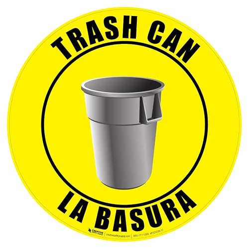 Creative Safety Supply Bilingual Trash Can Floor Sign (12in x 12in) | Self-Adhesive, Industrial Grade Vinyl Floor Sign for Indoor Visual Communication