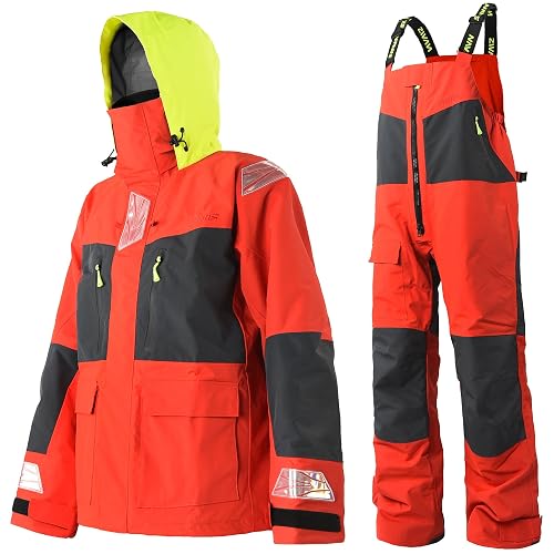Men's PRO Offshore Sailing Suit, Waterproof Jacket & Bib Pants | Ocean High-Tech, Hi-Vis Hood, Reinforced Hips & Knees, Adjustable Suspenders, Reflective Safety Details, Coastal Cruising