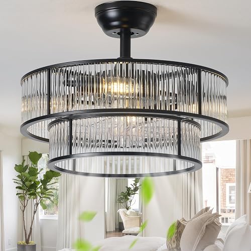 YADZSLY Black Fandelier Ceiling Fans with Lights, 20" Black Crystal Chandelier Ceiling Fan with Light Remote Control, Caged Mid Century with 6 Speeds for Bedroom, Living Room, Nursery