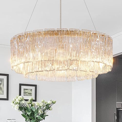 CATINER Modern 24" Crystal Glass Chandelier 10-Light Gold Chandeliers | Drum Pendant Ceiling Light Fixture,Luxury 2 Tiers Round Hanging Chandelier,for Dining Room Foyer Living Room Bedroom,E12