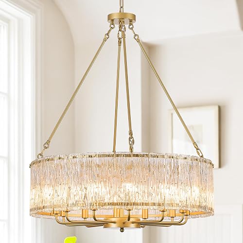 CATINER Modern 30" Crystal Glass Chandelier 12-Light Gold Chandeliers | Drum Water Ripple Glass Chandelier,Luxury Ceiling Pendant Lighting Fixture,for Living Room Dining Room Foyer Bedroom,E12