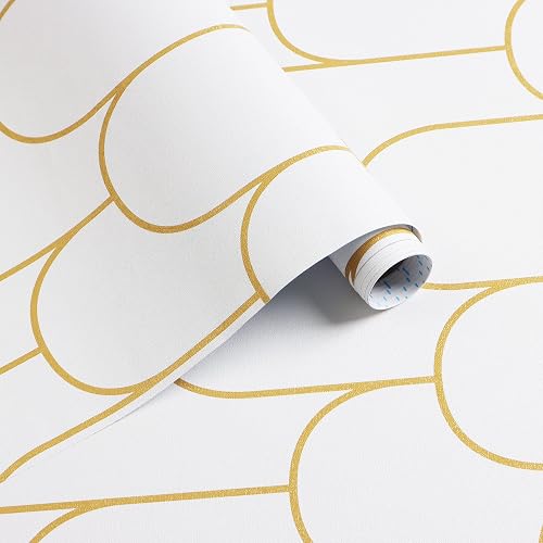 Yasinet Peel and Stick Wallpaper White and Gold Wallpaper Geometric Contact Paper Modern Stripe White Gold Removable Self Adhesive Wall Paper Decorative Wall Bedroom Vinyl Film 17.3''x118''