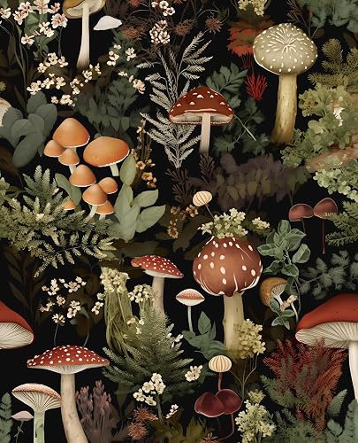 Laatse Forest Mushrooms Wallpaper Peel and Stick 17.5" x 393",Dark Green | Self Adhesive/Removable/Waterproof/Thick Vinyl Contact Paper for Bathroom Bedroom Shelf Cabinet Drawer,Prepasted,Easy Peel
